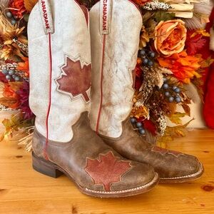 Roper Brown and White Heeled Boots with Red Accents